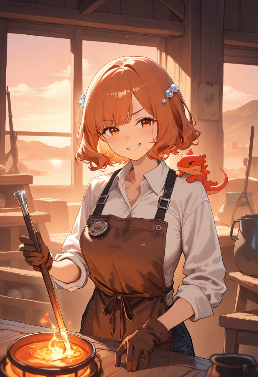 灯野トワリ(工房で吹き竿を持ち、肩に火のトカゲのホムラ)